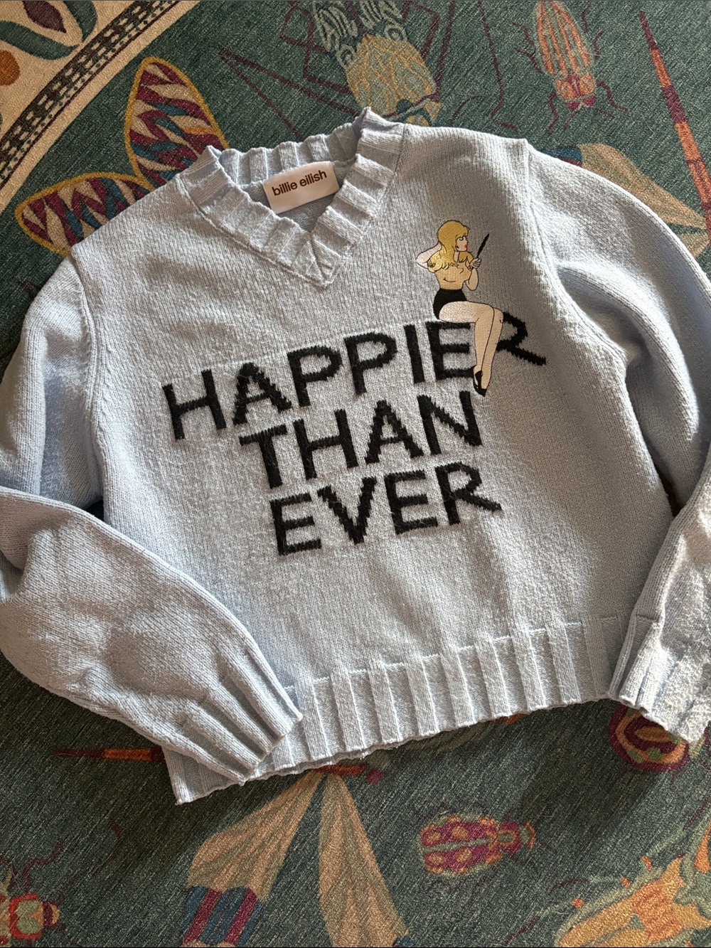 Billie Eilish Light Blue "Happier Than Ever" V‑Neck Sweater M/L